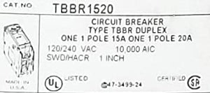 Thomas and Betts original tbbr1520 circuit breaker type:tbbr duplex one 1 pole 15A one 1pole 20A