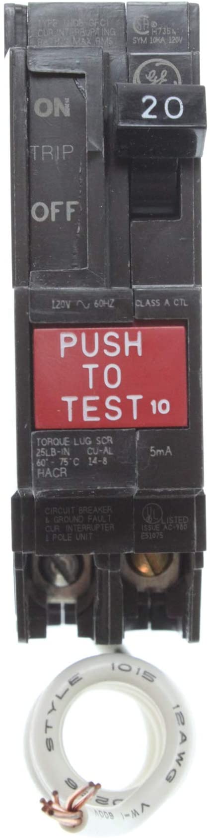 General Electric THQB1120GF Ground Fault Circuit Breaker, 1-Pole, 20-Amp, 120V