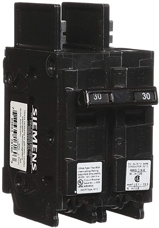 Siemens - BQ2B030H - Bolt On Circuit Breaker, 30 Amps, Number of Poles: 2, 120/240VAC AC Voltage Rating