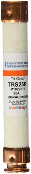 Mersen TRS-R Tri-Onic Time-Delay/Class RK5 Fuse, 600VAC/300VDC, 200kA AC/20kA DC, 25 Ampere, 13/16" Diameter x 5" Length