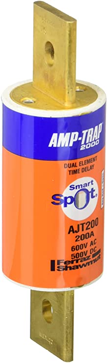 Mersen AJT Amp-Trap 2000 SmartSpot Time-Delay/Class J Fuse with Maximum Circuit Protection, 600VAC/500VDC, 200kA AC/100kA DC, 200 Ampere, 1-5/8"Diameter x 5-3/4" Length