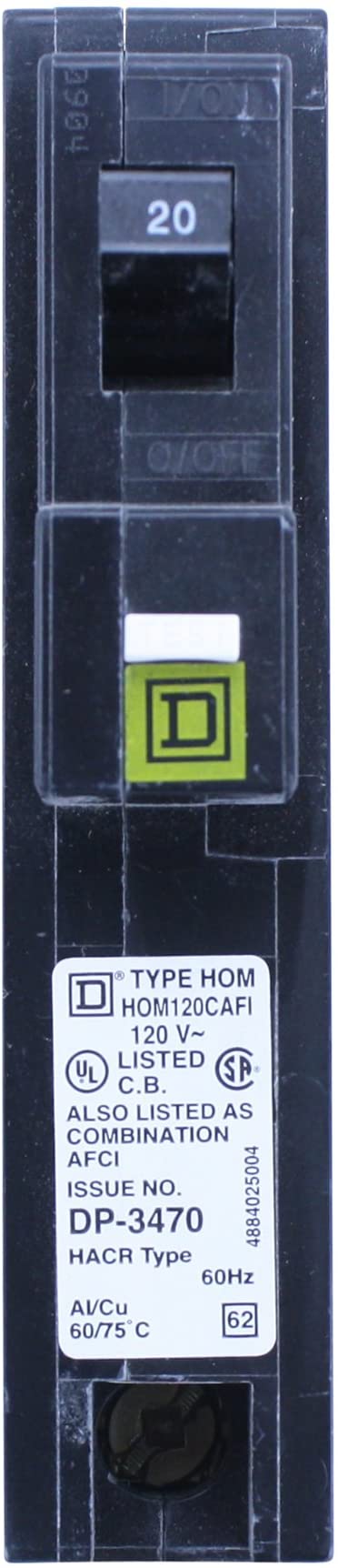 SCHNEIDER ELECTRIC 120-Volt 20-Amp HOM120CAFI Miniature Circuit Breaker 120V 20A