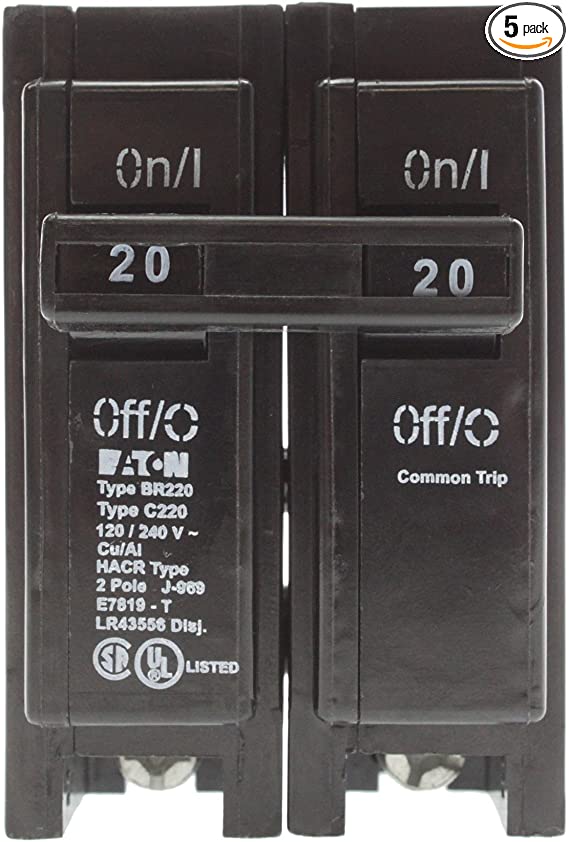 Cutler Hammer Eaton BR220 Plug-On Circuit Breaker, BR, 20-Amp, 2-Pole, 120-Volt (5 Pack)