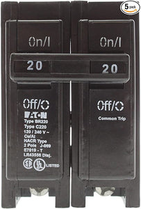 Cutler Hammer Eaton BR220 Plug-On Circuit Breaker, BR, 20-Amp, 2-Pole, 120-Volt (5 Pack)