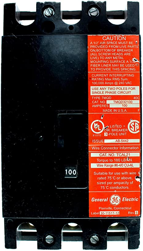 GE TMQD32100 Circuit Breaker, T Frame, 240VAC, 100A, 3-Pole