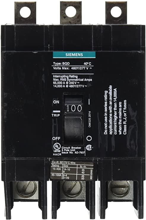 Siemens BQD3100 100-Amp Three Pole 480Y/277V AC 14KAIC Bolt in Breaker, COLOR