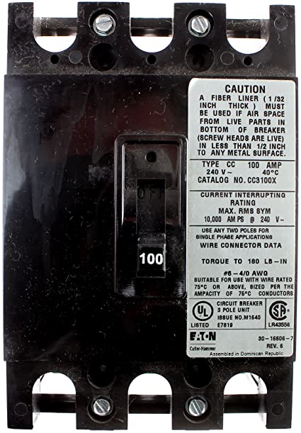 Cutler Hammer CC3100X CC Frame Main Circuit Breaker, 100A, 3-Pole, 120/208V