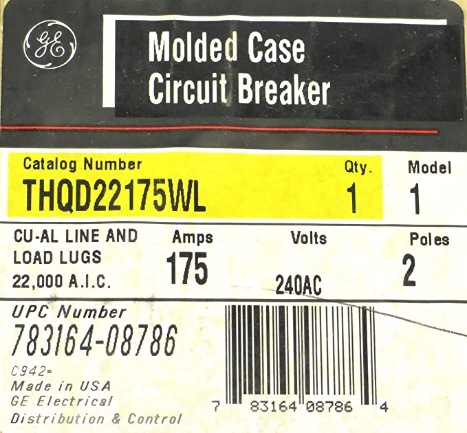 GE Distribution THQD22175WL Molded Case Circuit Breaker with Lug 175 Amp 240 Volt AC 2-Pole