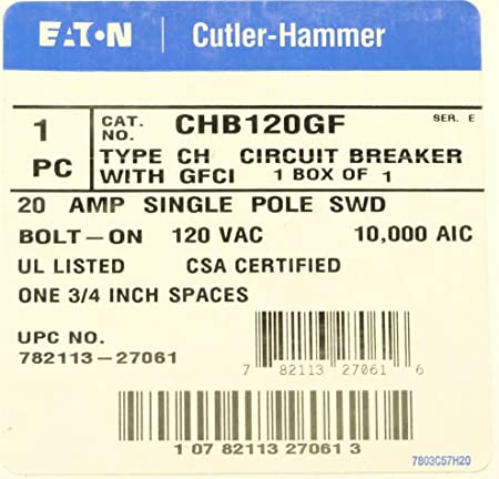 Eaton Cutler Hammer Ch BOLT ON 1 Pole 20 amp gfi GFCI CB BREAKER Circuit Breaker