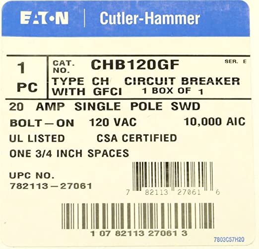 Eaton Cutler Hammer Ch BOLT ON 1 Pole 20 amp gfi GFCI CB BREAKER Circuit Breaker