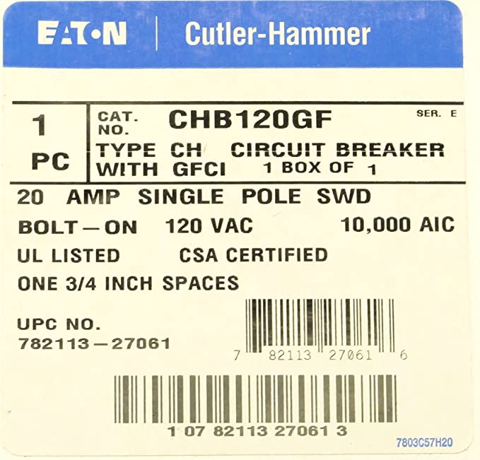 Eaton Cutler Hammer Ch BOLT ON 1 Pole 20 amp gfi GFCI CB BREAKER Circuit Breaker